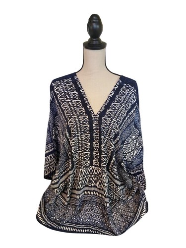 Rose Olive Womens VNeck Tunic Top 1X Blue White Geometric 3/4 Sleeve Boho Hippie
