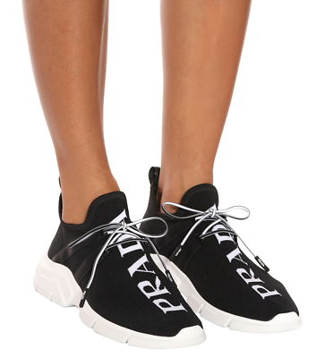 Prada XY Logo Sock Black White Knit Flat Lace Up Tie Pull On