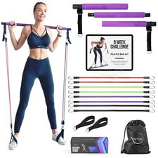 Portable Pilates Bar Kit with Resistance Bands 20 30 40 50 LB - Guided 8-Week...