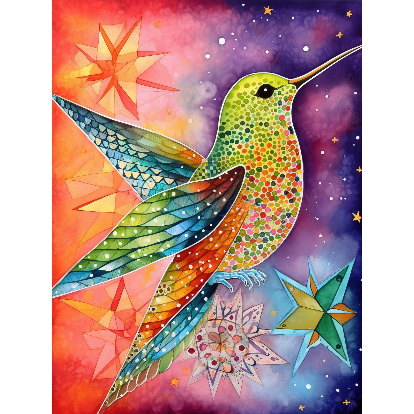 Hummingbird Vibrant Astral Field Modern Folk Art Huge Art Poster Print Giant