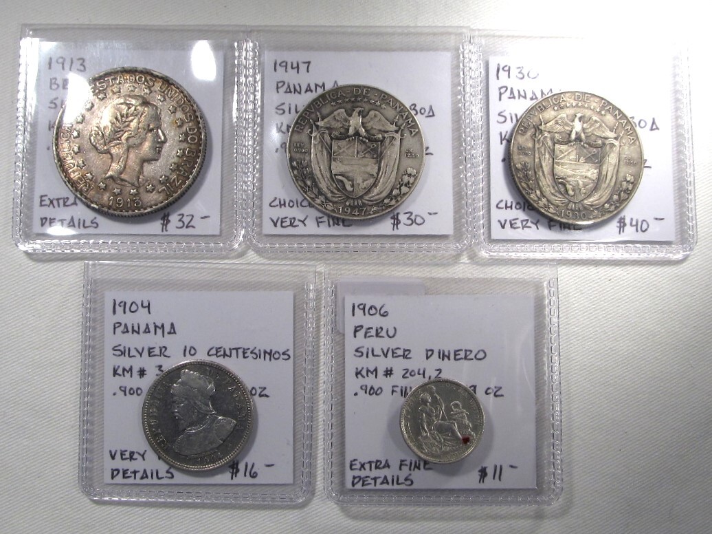 1904-1947 Brazil, Panama & Peru Silver Coin Lot of 5 AP637