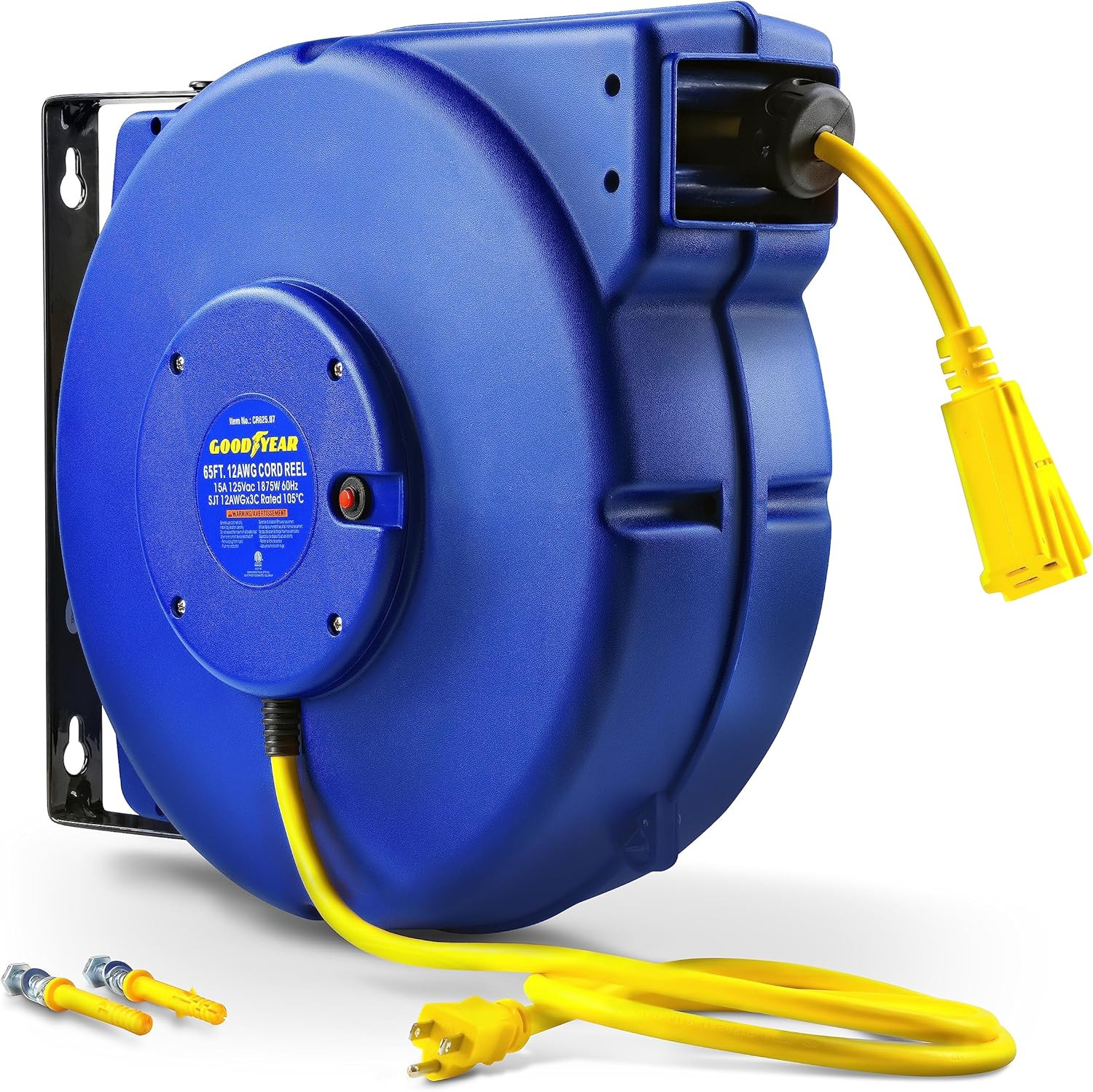 Heavy-Duty 65ft Retractable Extension Cord Reel with Triple Tap Connector