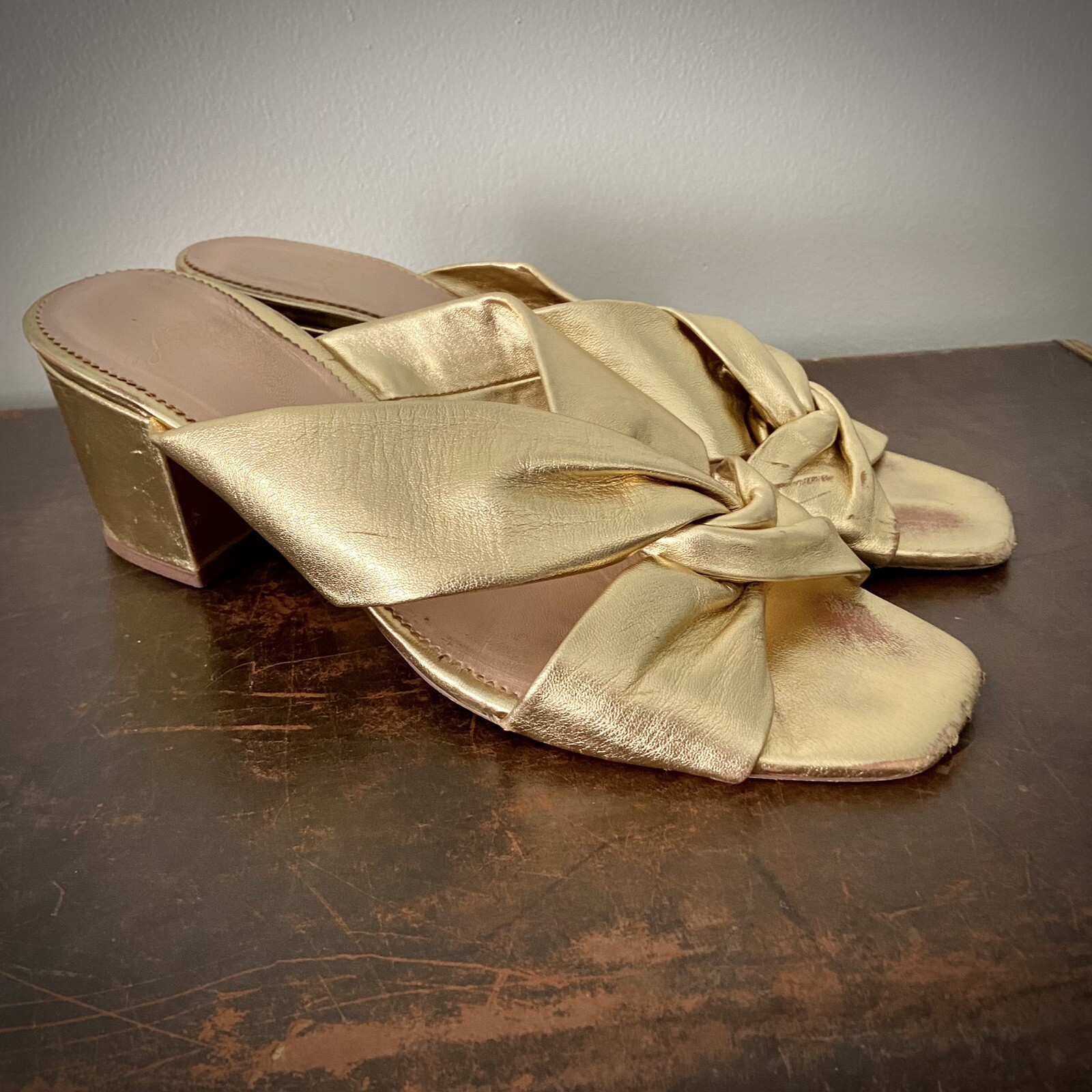 J Crew Gold Slip On Sandal SZ 9.5 Block Heel