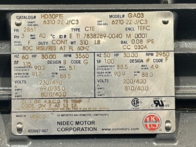 HD30P1E Nidec, 30 HP, 3600RPM, 286T frame, TEFC electric motor