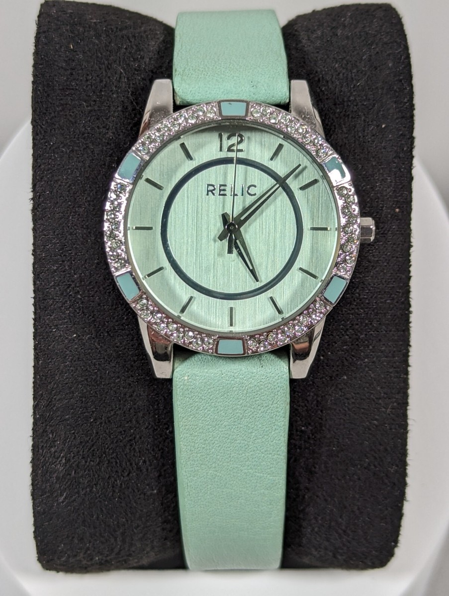 Relic Green Dial Round Crystal Accent Silver Tone Case Green
