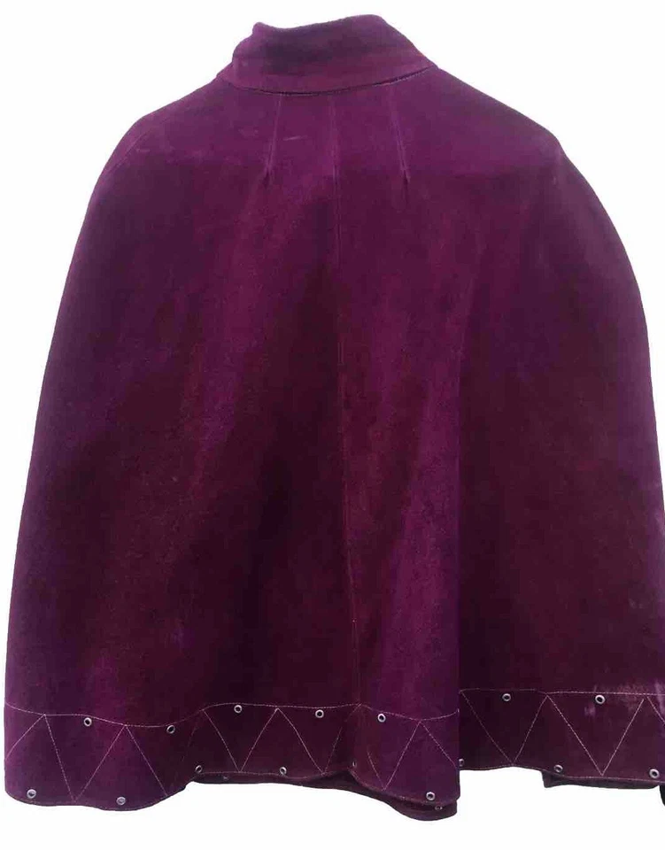 Poncho CHAQUETA CAPA de cuero gamuza años 70 de colección púrpura broches a presión pliegues abiertos talla única Foto 3 de 3
