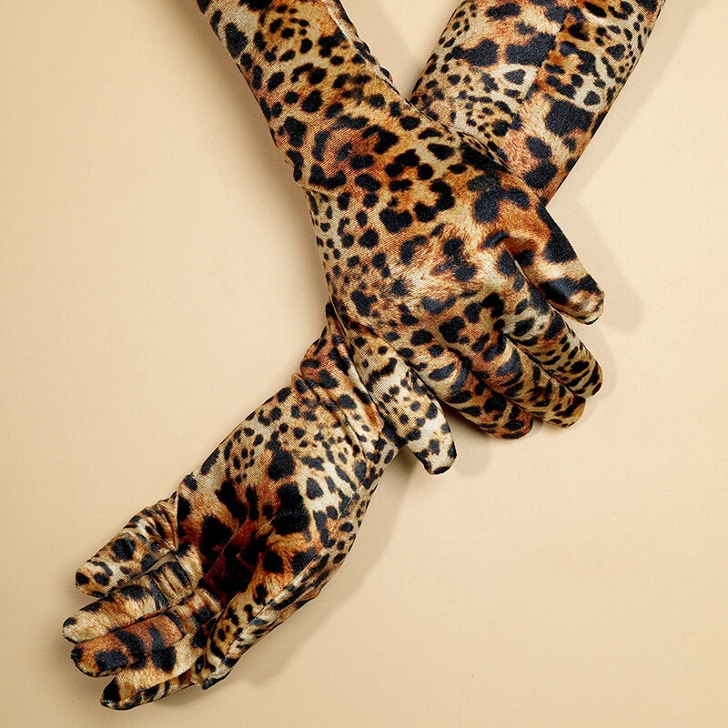 Leopard Print Velvet Dinner Dress Gloves Opera Ball Stage Full Finger Long Glove - Image 2 of 4