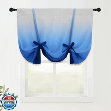 COSVIYA 100% Blackout Ombre Blue Adjustable Tie Up Curtains for Kitchen Therm