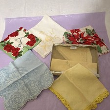 Lot of 7 Vintage Multicolor Floral Handkerchiefs, Embroidered, Lace Trim