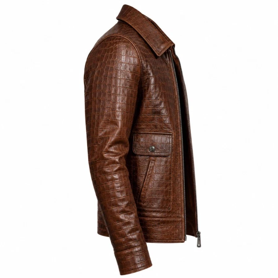 Men's Genuine Leather Jacket Brown Crocodile Embossed Zip Up Coat - product detail image 2