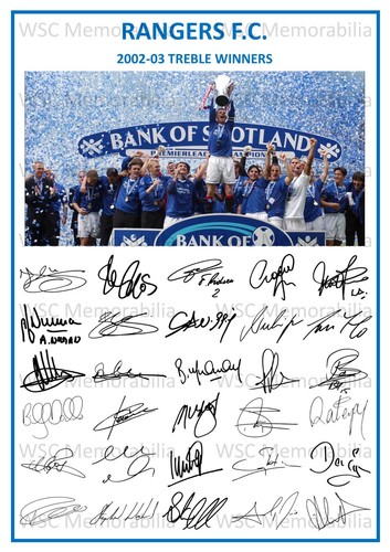 12870. 2002-03 Glasgow Rangers Signed Team Photo Sheet PRINTED AUTOS A4 Treble