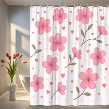 Cute Pink Floral Shower Curtain with Hearts and Leaves