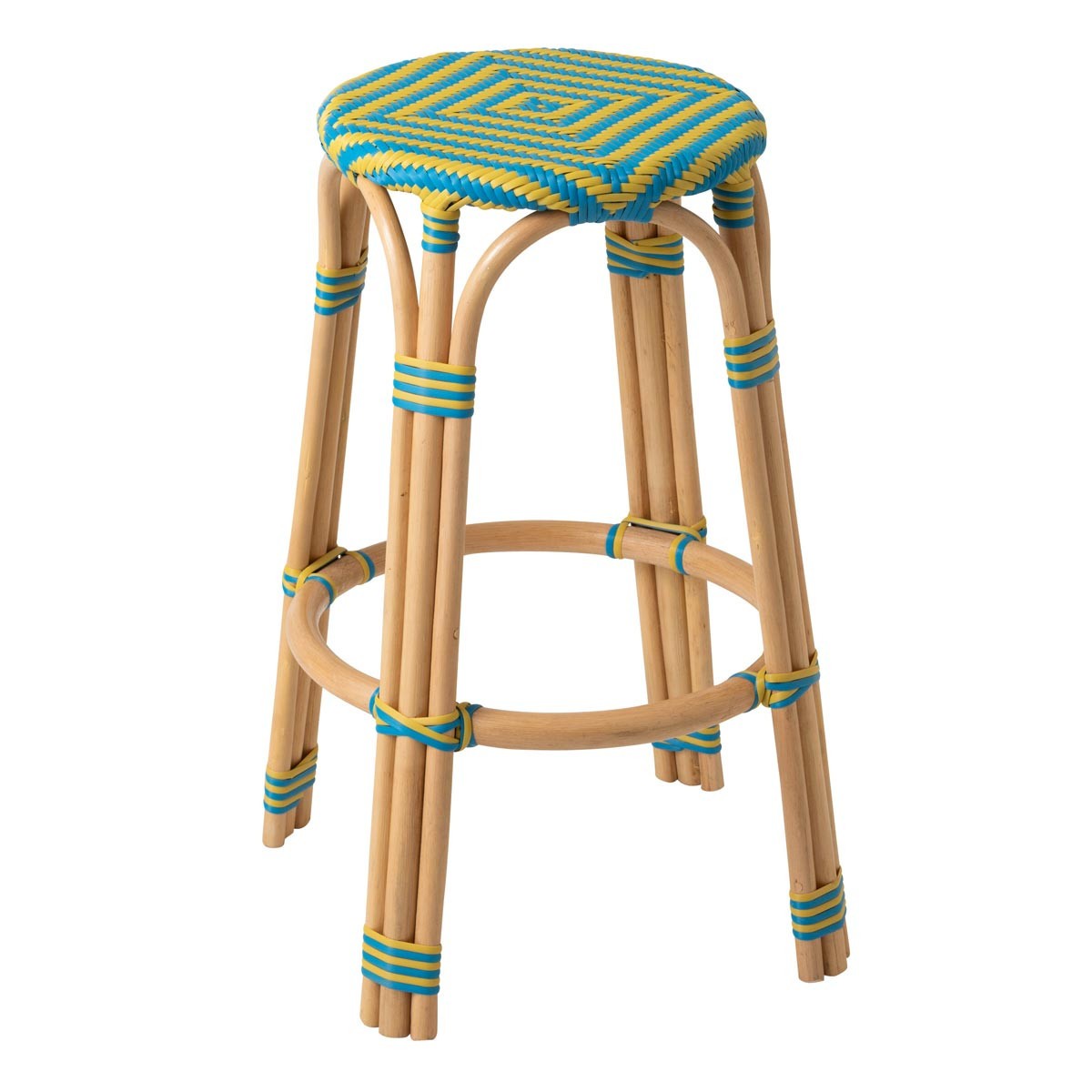 Tabouret de Bar en Rotin Geo 66cm Jaune et Bleu pour Îlot de Cuisine