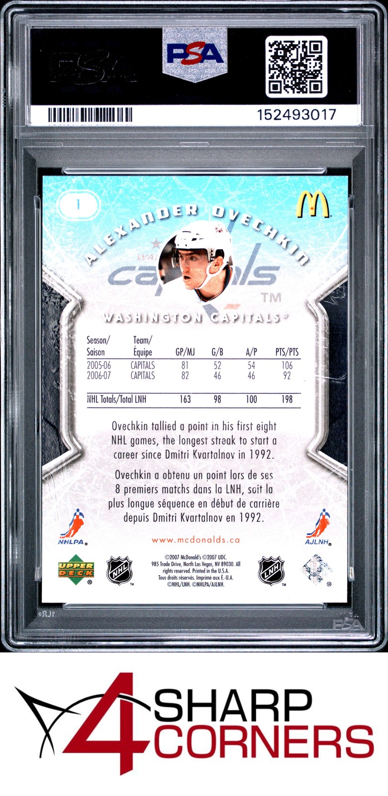 2007 UPPER DECK McDONALD'S #1 ALEXANDER OVECHKIN PSA 9 view 2