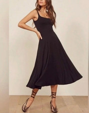 Reformation Jeans Black Mary Tank Flare Midi Dress M Pockets Stretchy LBD CBK