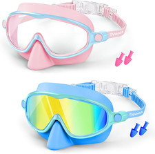 2 Pack Kids Swim Goggles with Nose Cover, Wide View Anti-Fog UV Protection Swimm