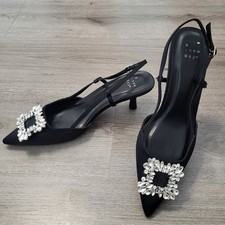 Black Satin Crystal Buckle Slingback Kitten Heel Pointed Toe Pumps Womens 9