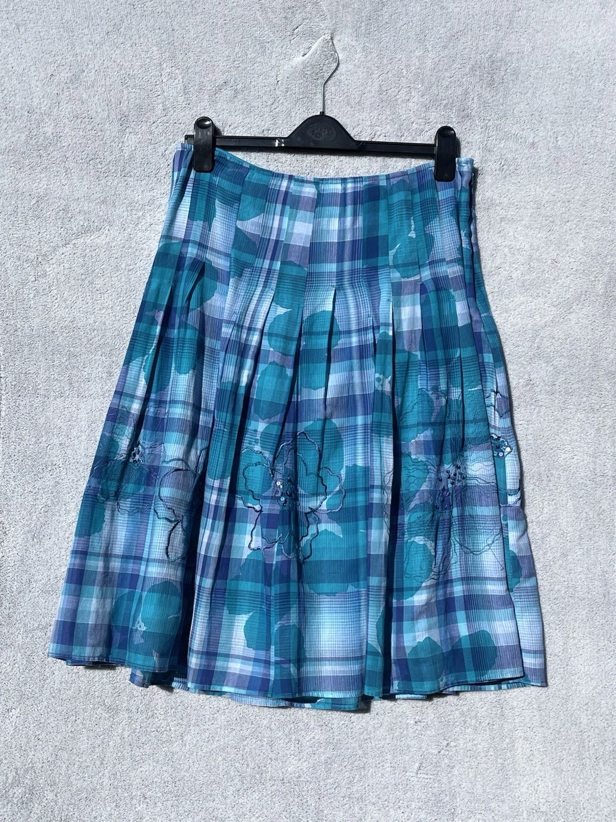 Per Una M&S Size 12 Blue Check Floral Embroidered Midi Skirt 100% Cotton Pleated