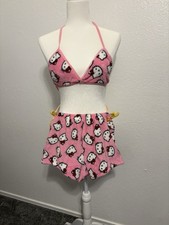 Hello Kitty Pink Plush Fleece Lounge Set Halter Bralette Shorts Y2K Kawaii XS S