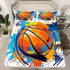 Kids Basketball Fitted Sheet Twin Size Boys Games Sports Theme Bed Cover Yout...
