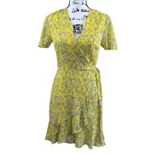 Banana Republic Yellow Black White Flutter Floral True Wrap Dress size 0 boho