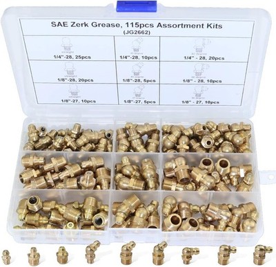 115Pcs 1/4  1/8  Hydraulic Grease Brass Zerk Fitting SAE Standard Assortment Kit
