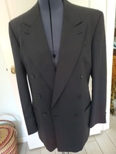 Yves Saint Laurent Double Breast Gray Blue Suit Jacket France Red Stripe Sz. 44