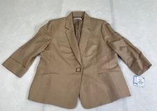 NWT KASPER Linen Blend Rolled Cuff Square Snap Blazer In Sesame Color Tan 16P
