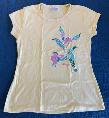 VTG 1970's-1980 Lady Stedman Woman s Top, Yellow W/White Trim, Hawaii, Flower L