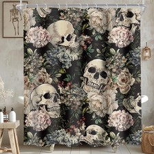 Sugar Skull Retro Floral Shower Curtain Leaves Gothic 60Wx72L Inch