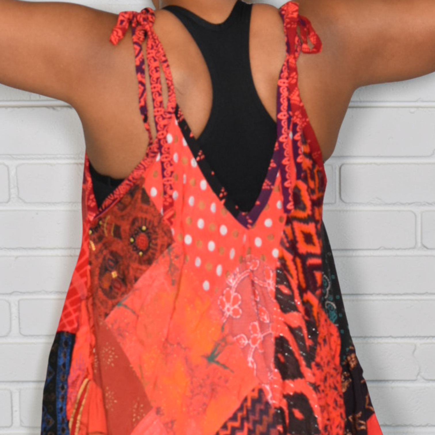 Patchwork Harem Romper Red Tie Shoulder Jumper Ov… - image 5