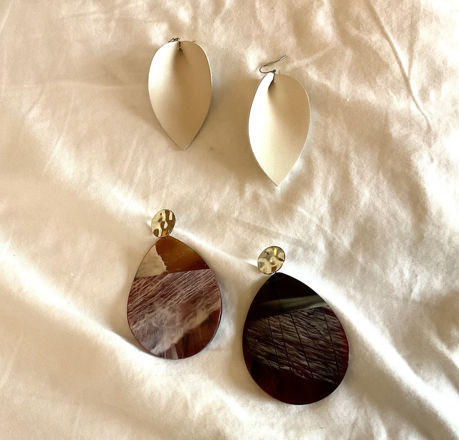 2 Boho Earrings Large Statement White Leather Hor… - image 1