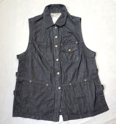 Vtg Hunters Run Black Denim Open Sided Long Vest Metal Buttons See Measurements