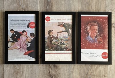 Vintage 1950s Coca Cola Framed  Original  Magazine Ads Set of 3 Retro Coke