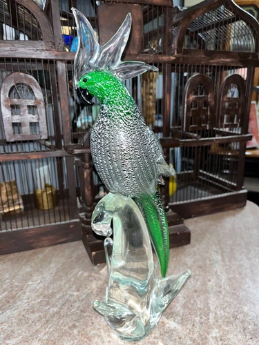 Vtg 15.2" Formia Vetri Di Murano Blown Glass Cockatoo Green Silver Black Italy