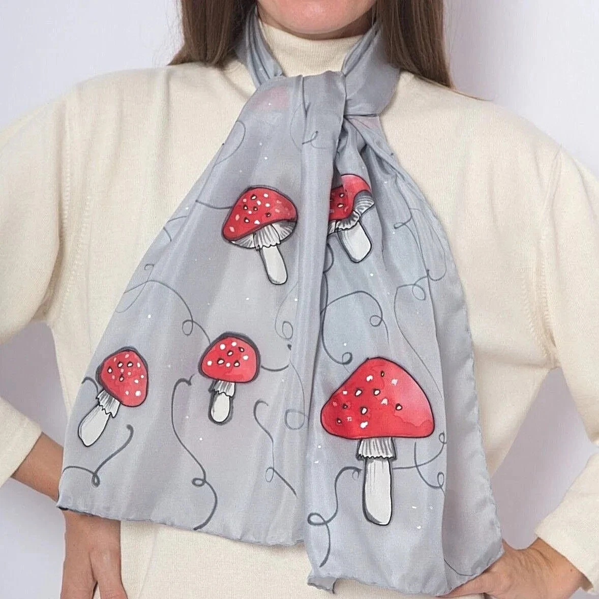 Hand Painted Grey Silk Scarf Mushroom Print Scarf Amanita Muscaria Fall Scarf