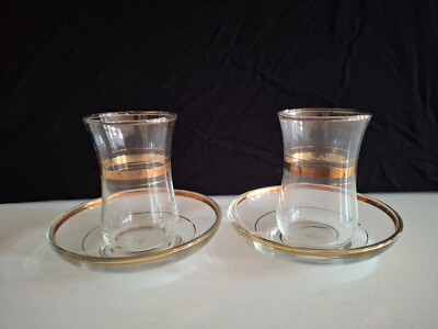 Paar Vintage Pasabahce Türkische Kaffee Tee Gläser & Untertassen Goldband 7,5x5cm