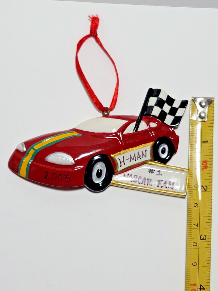 Red Race Car Christmas Ornament Checker Flag #1 Nascar Fan 2003 H-Man