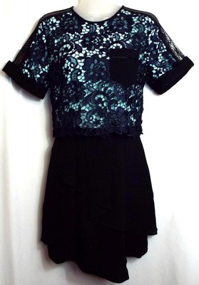 DREI STÖCKE BLAU & SCHWARZ BODYCON SPITZE OFFENER RÜCKEN KLEID GRÖSSE 8 # 391 +BX*