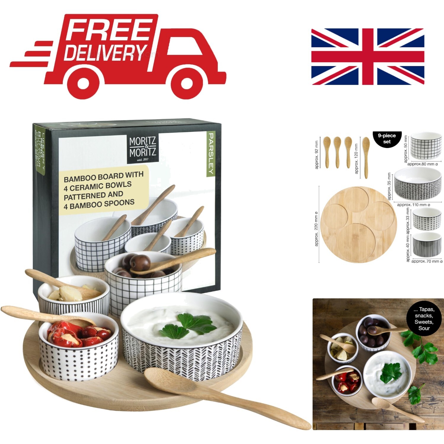 Moritz & Moritz Slate Serving Tray Set With 4 Ceramic Bowls & Bamboo Spoons - Elegant Dip & Appetizer Platter - View #4