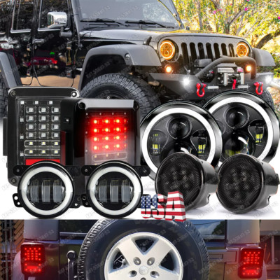 Combo 7'' Halo LED Headlights Tail Lights Turns + Fog Lamps For Jeep Wrangler 07+