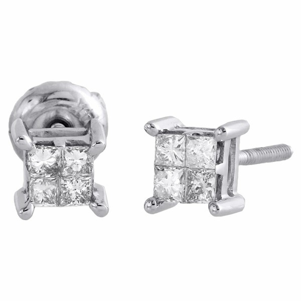 14K WeißGold Prinzess Diamant Ohrstecker Quad Set Mini 5Mm 3D Ohrringe 0,25 Ct.-image