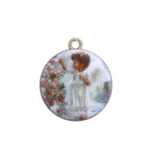 10 Girl Angel Wings Gold Enamel Flat Round Bead Drop 23x20mm Charms Pendants