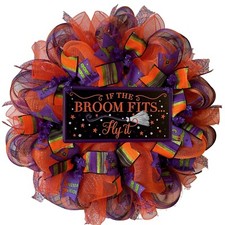 If The Broom Fits Fly It Handmade Deco Mesh Halloween Wreath