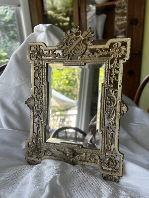 ANTIQUE Victorian Vanity Dressing TABLETOP MIRROR~CHIPPY CREAM COLOR~BEVELED~HTF