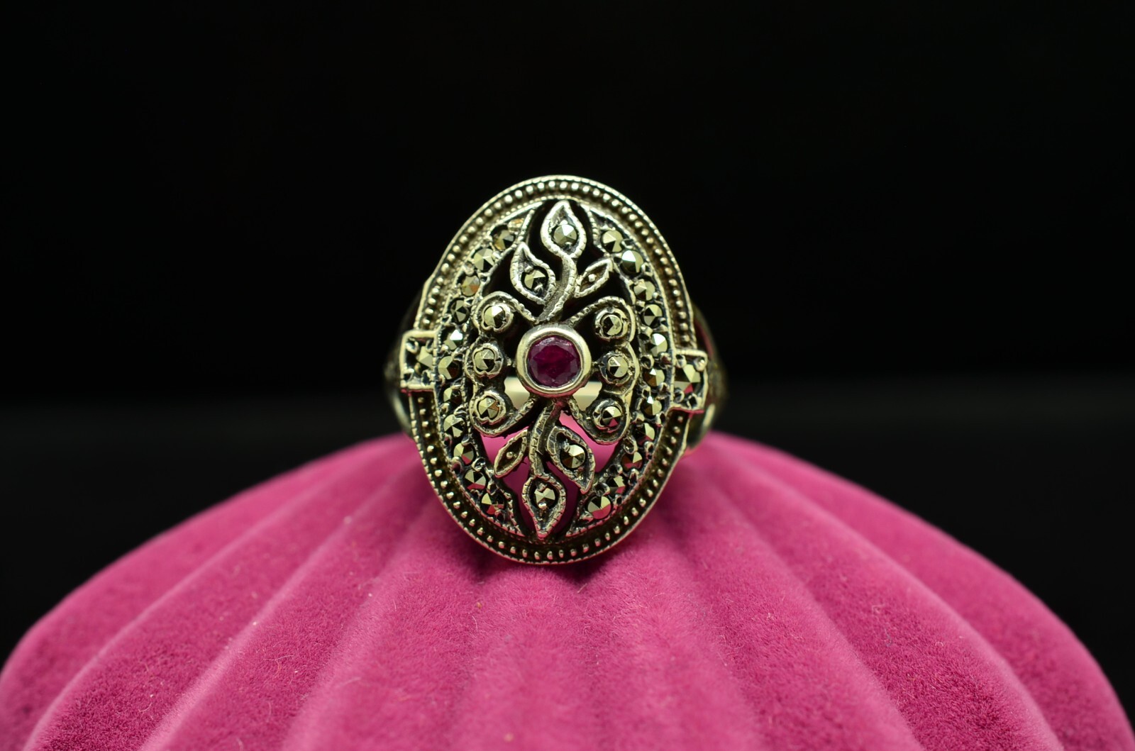 925 Sterling Silver Tiny Round Pink Ruby Ring Ban… - image 1
