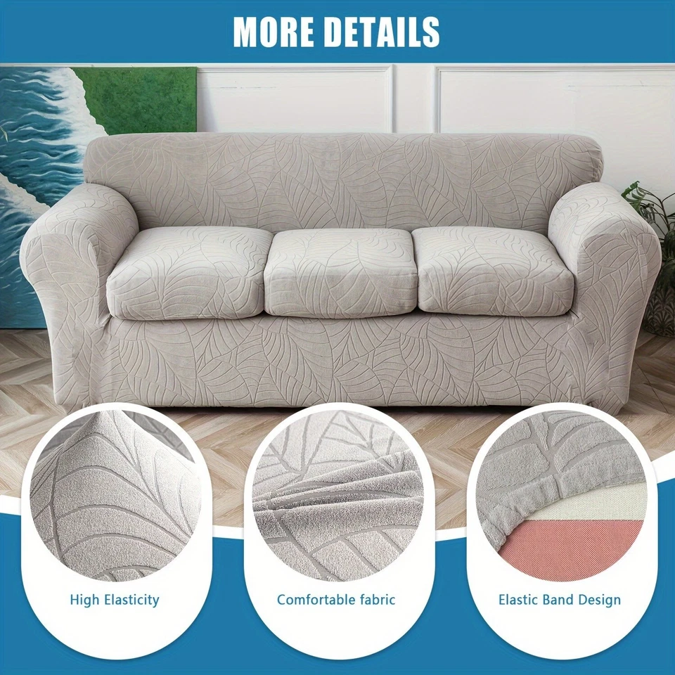 Juego de 4 fundas de sofá elásticas impermeables antideslizantes hojas jacquard con funda de cojín Foto 4 de 4