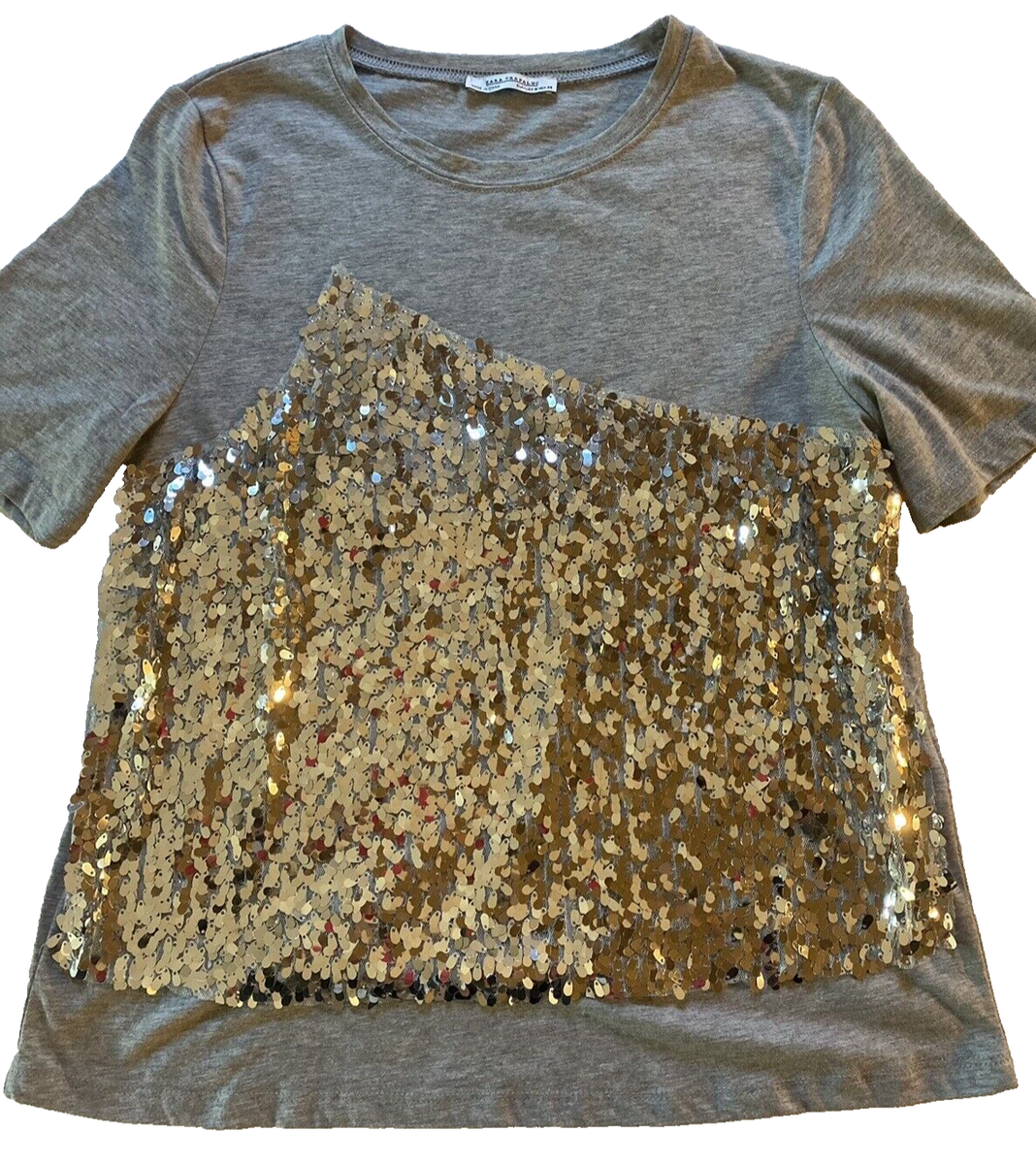 Zara Trafaluc Women Gray Short Sleeve T-Shirt Silver Sequin on front Size  Medium