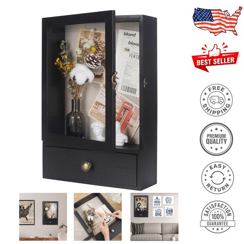 Deep Shadow Box Frame with Glass & Drawer - Rustic Memory Display Case in Black