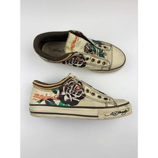 Don Ed Hardy Sneakers Cream Tattoo Print Rose Slip On Y2K Women's 7 Late 2000s
